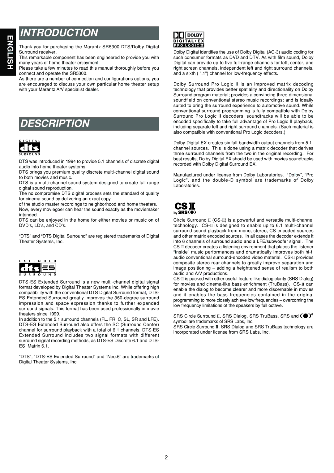 Marantz SR5300 manual Introduction, Description 