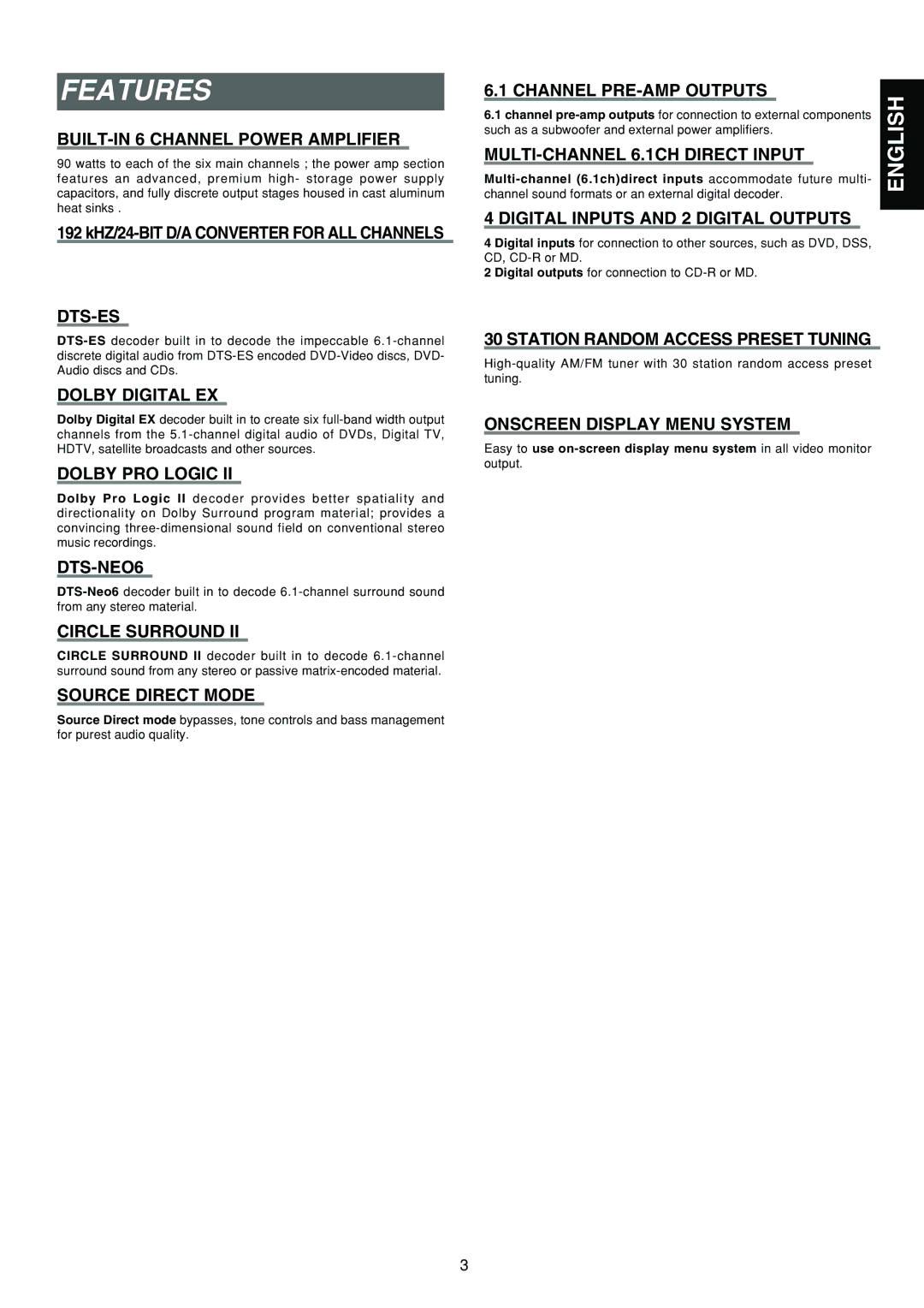 Marantz SR5300 manual Features, BUILT-IN 6 Channel Power Amplifier 