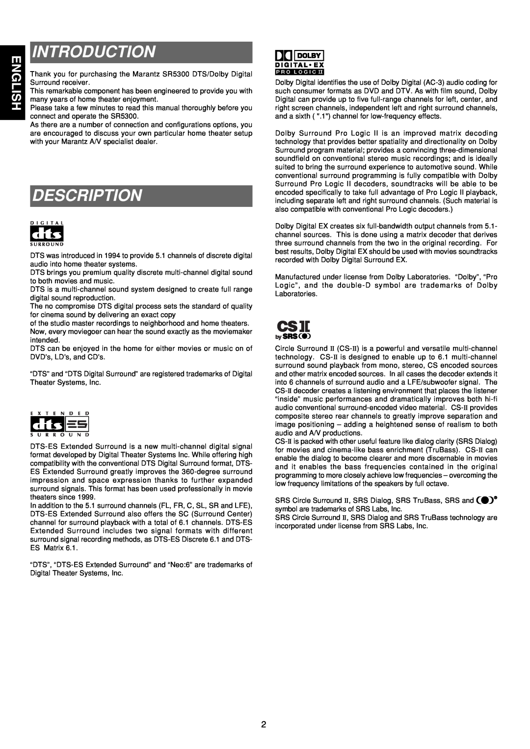 Marantz SR5300 manual Introduction, Description 