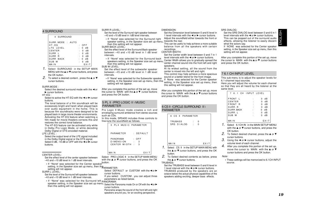 Marantz SR5400U manual PL II PRO Logic II Music Parameter, CS II Circle Surround Parameter, CH Input Level 