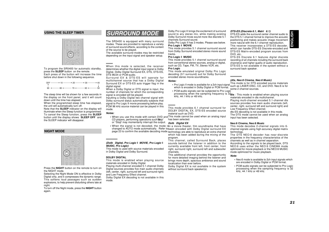 Marantz SR5400U manual Surround Mode, Using the Sleep Timer, DTS-ES Discrete 6.1, Matrix, Dts, Neo6 Cinema, Neo6 Music 