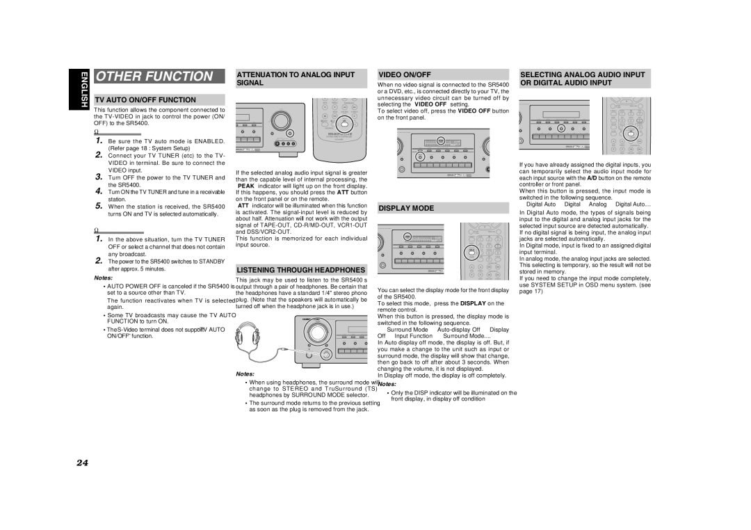 Marantz SR5400U manual Other Function, Video ON/OFF, Selecting Analog Audio Input Or Digital Audio Input, Display Mode 