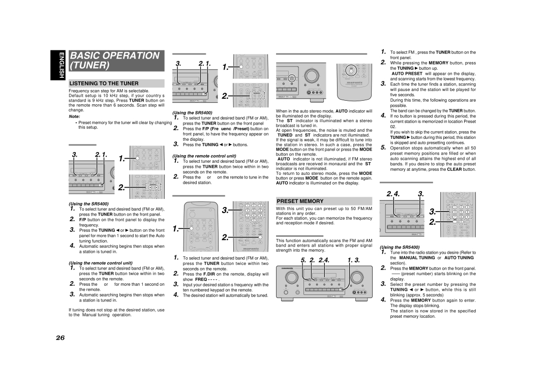 Marantz SR5400U manual Basic Operation Tuner, Listening to the Tuner, Preset Memory, Press the Tuning or buttons 