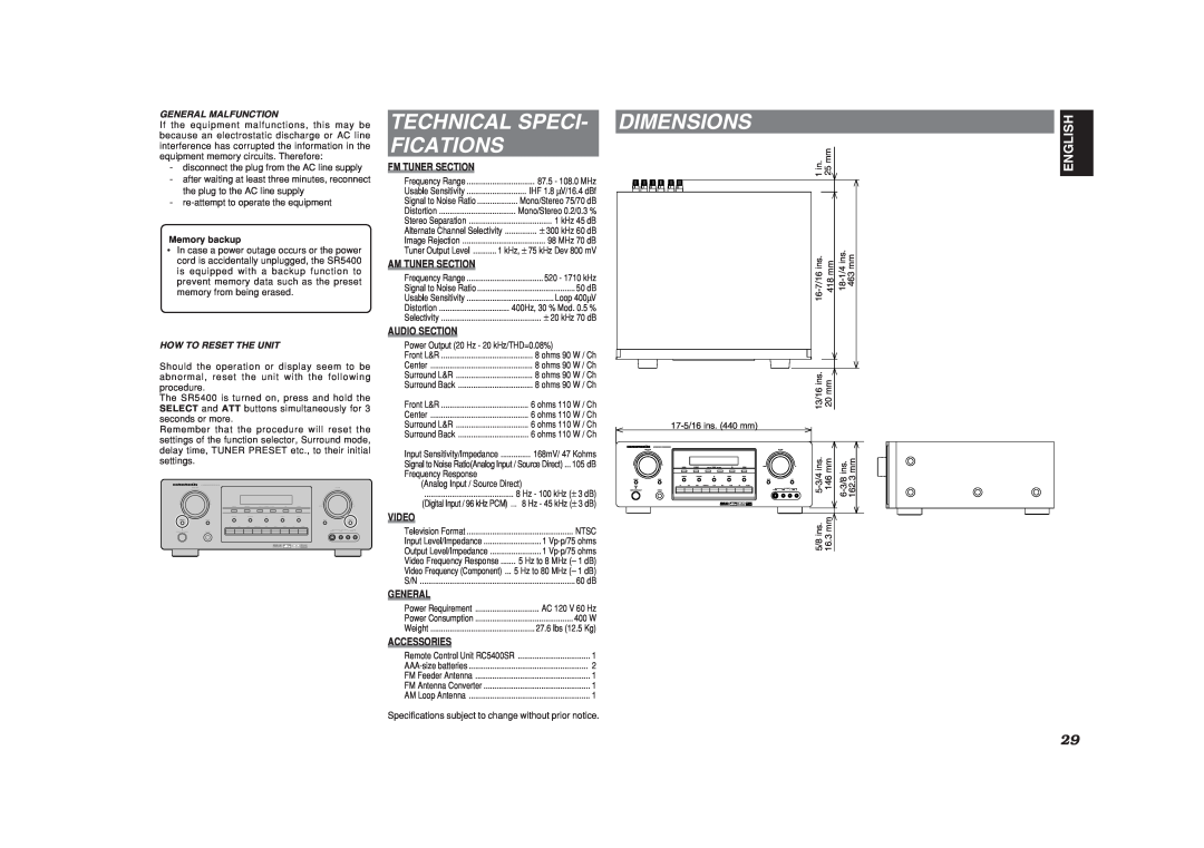 Marantz SR5400U manual Technical Speci Fications, Dimensions, English, General Malfunction, How To Reset The Unit 