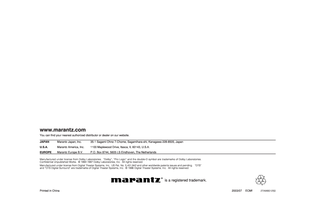 Marantz SR5400U manual is a registered trademark, Japan, U.S.A, Europe 
