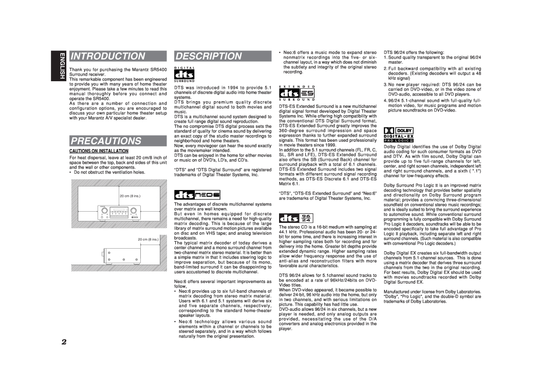 Marantz SR5400U manual Introduction, Precautions, Description 
