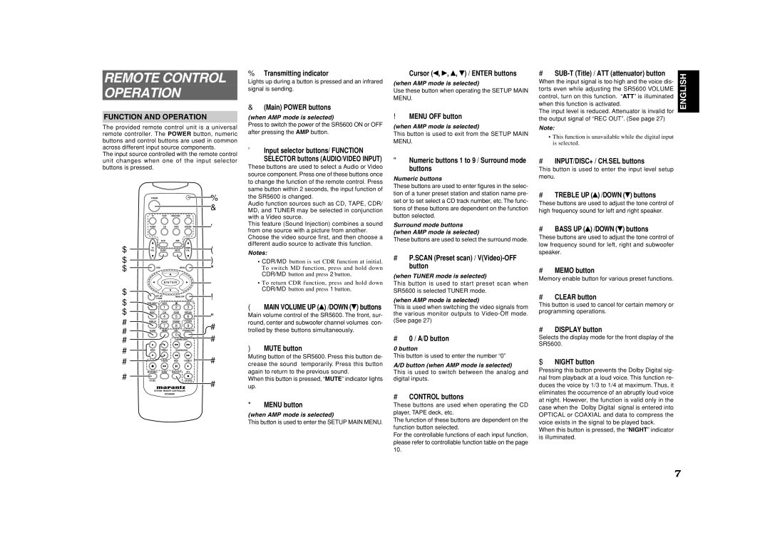 Marantz SR5600 manual Remote Control Operation, Function and Operation 