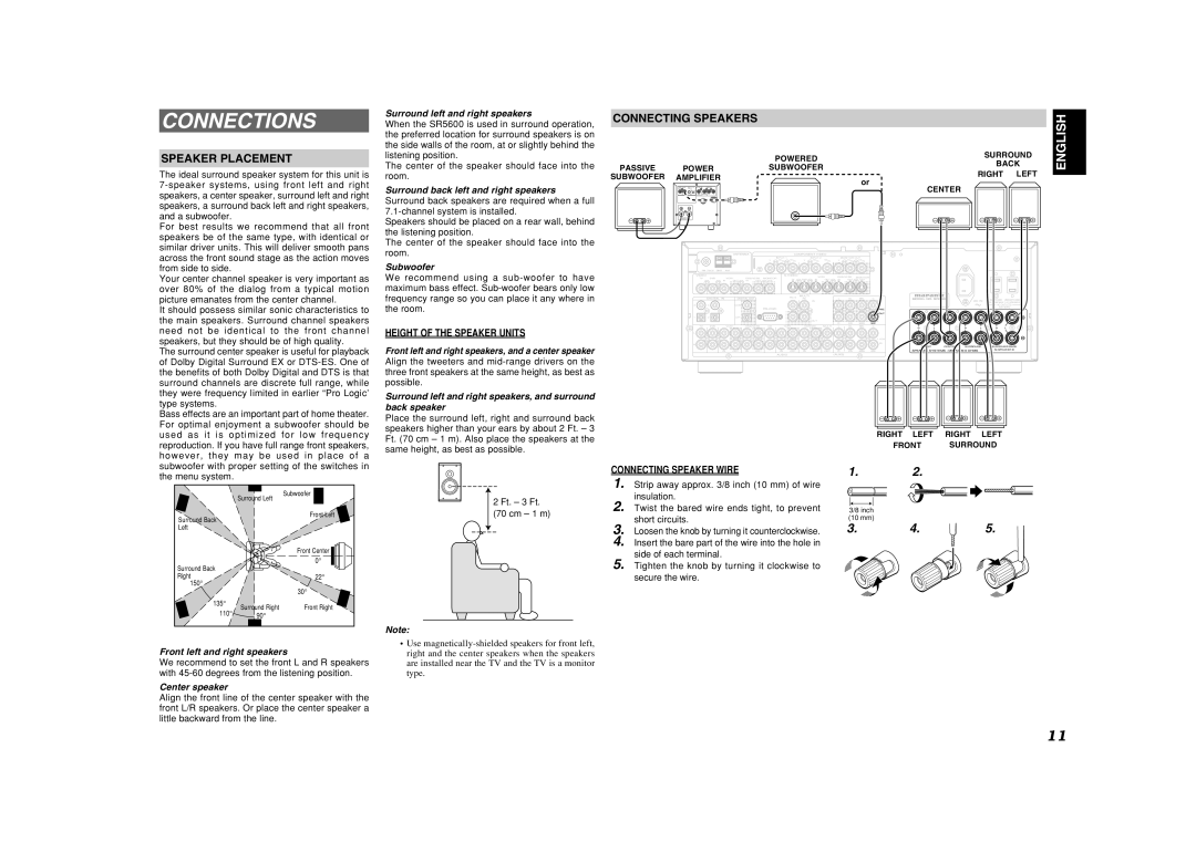 Marantz SR5600 Connections, Speaker Placement, Connecting Speakers, Height of the Speaker Units, Connecting Speaker Wire 