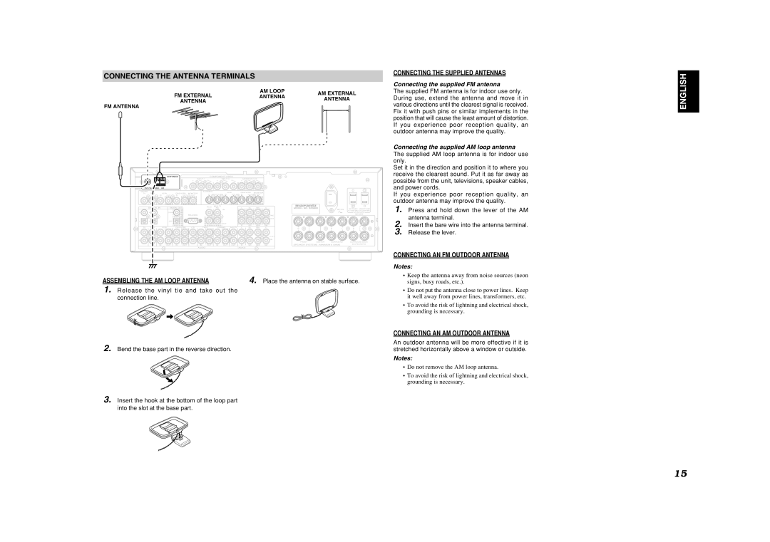 Marantz SR5600 manual Connecting the Antenna Terminals, Assembling the AM Loop Antenna, Connecting the Supplied Antennas 