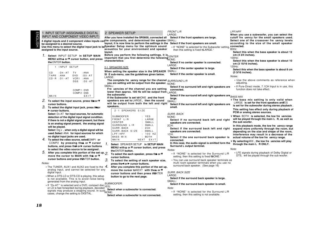 Marantz SR5600 manual Speaker Setup, Input Setup Assignable Digital, Input and Component Video Input, Speakers Size 