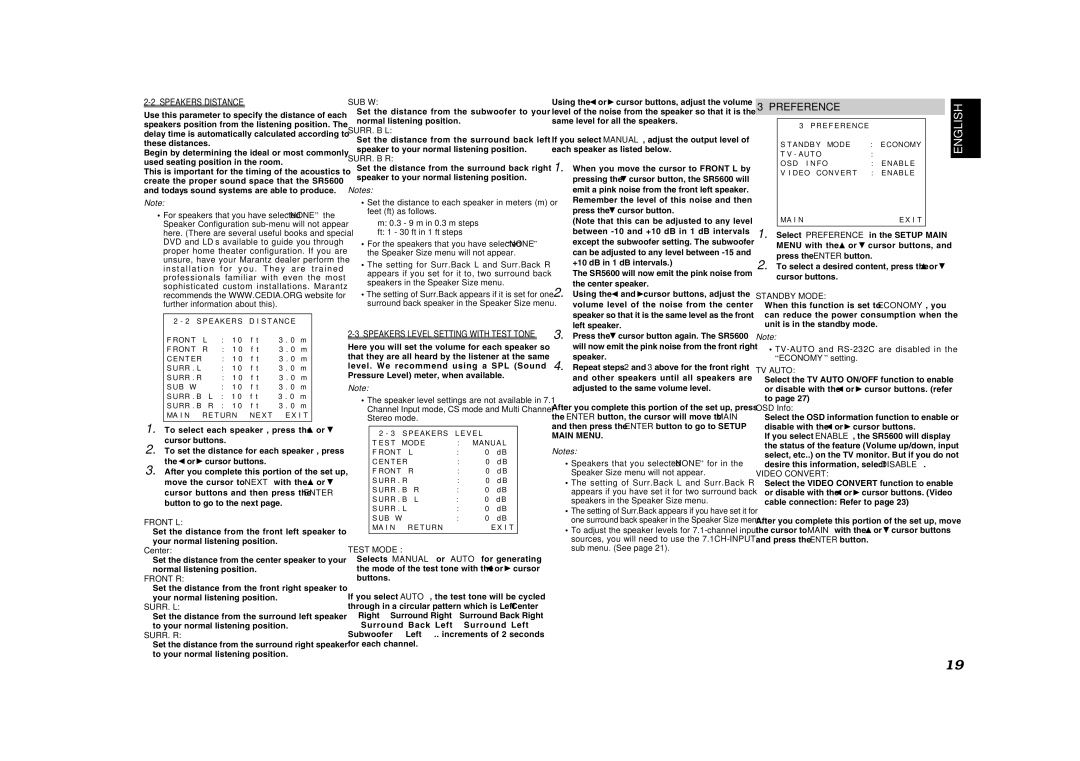 Marantz SR5600 manual Preference, Speakers Distance 