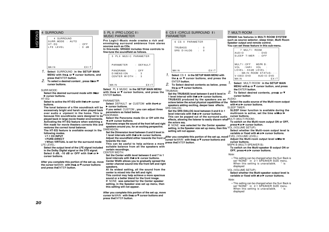 Marantz SR5600 manual PL II PRO Logic II Music Parameter, CS II Circle Surround II Parameter, Multi Room 