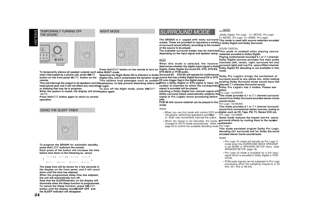 Marantz SR5600 manual Surround Mode, Using the Sleep Timer, Night Mode, Auto 