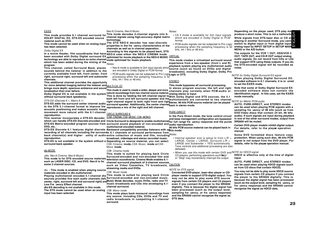 Marantz SR5600 manual Ex/Es, Multi CH. ST, Circle Surround CSII-CINEMA, CSII-MUSIC, CSII-MONO, Virtual, Stereo, Pure-Direct 