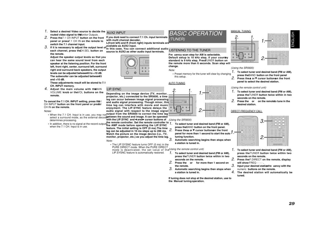 Marantz SR5600 manual AUX2 Input, Lip.Sync, Listening to the Tuner 