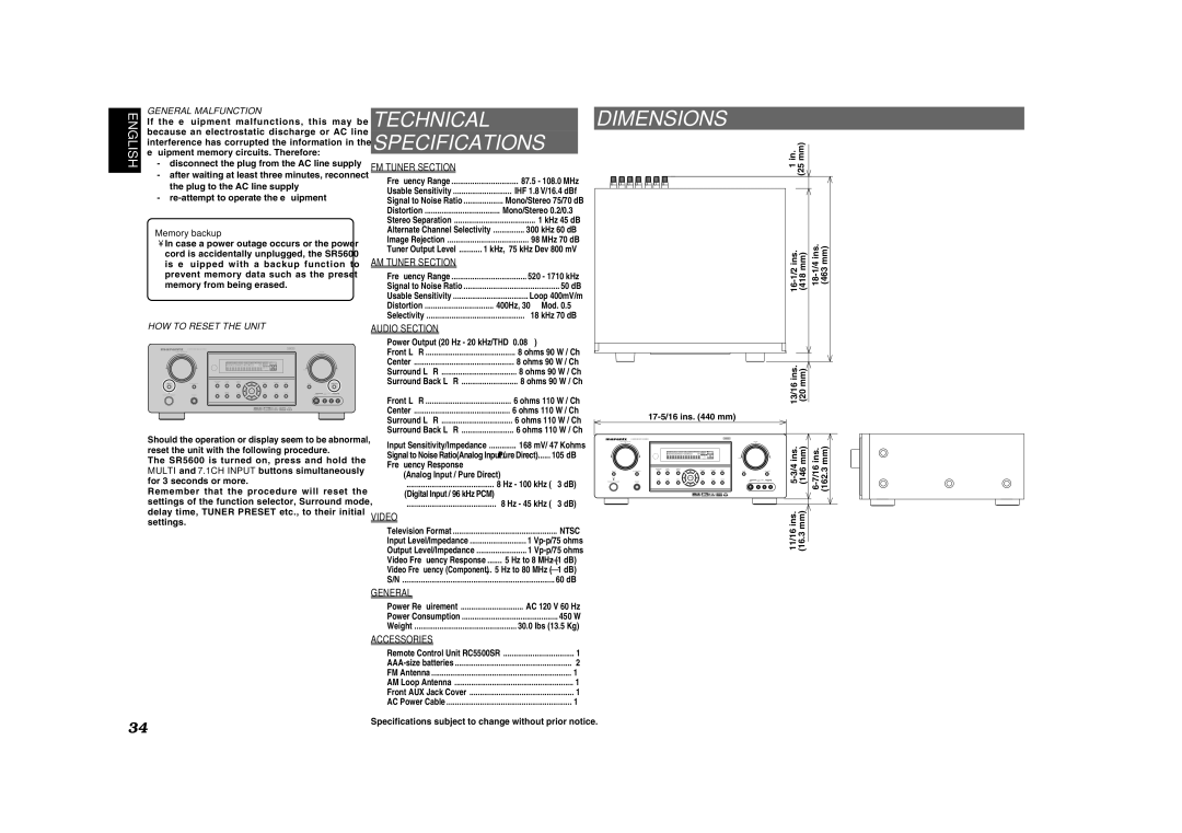 Marantz SR5600 manual Technical, Dimensions 