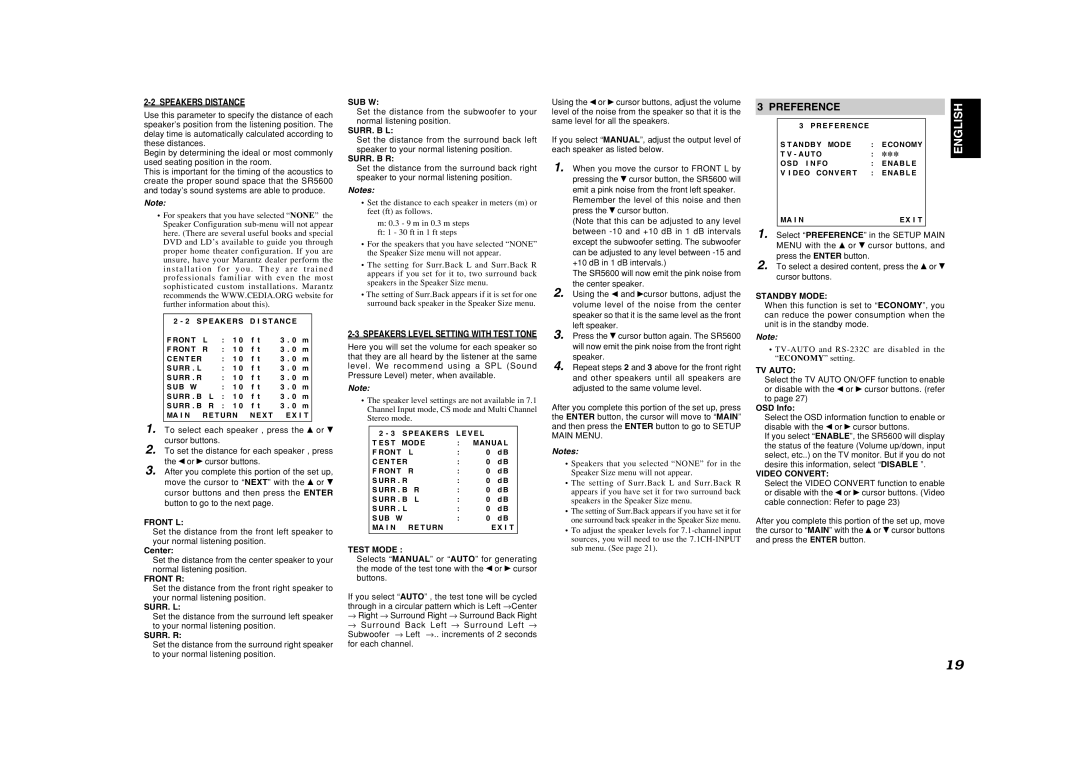 Marantz SR5600 manual Preference, English, 2-2SPEAKERS DISTANCE, Notes 