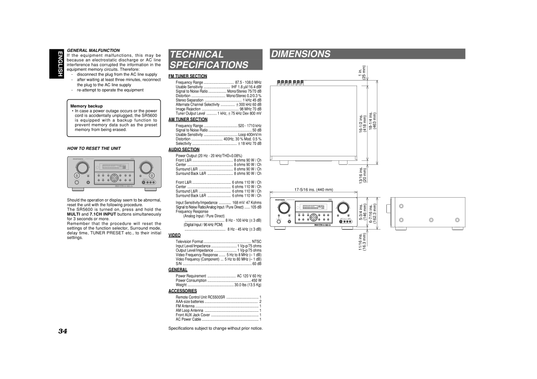 Marantz SR5600 Technical, Dimensions, Specifications, Fm Tuner Section, Am Tuner Section, Audio Section, Video, General 