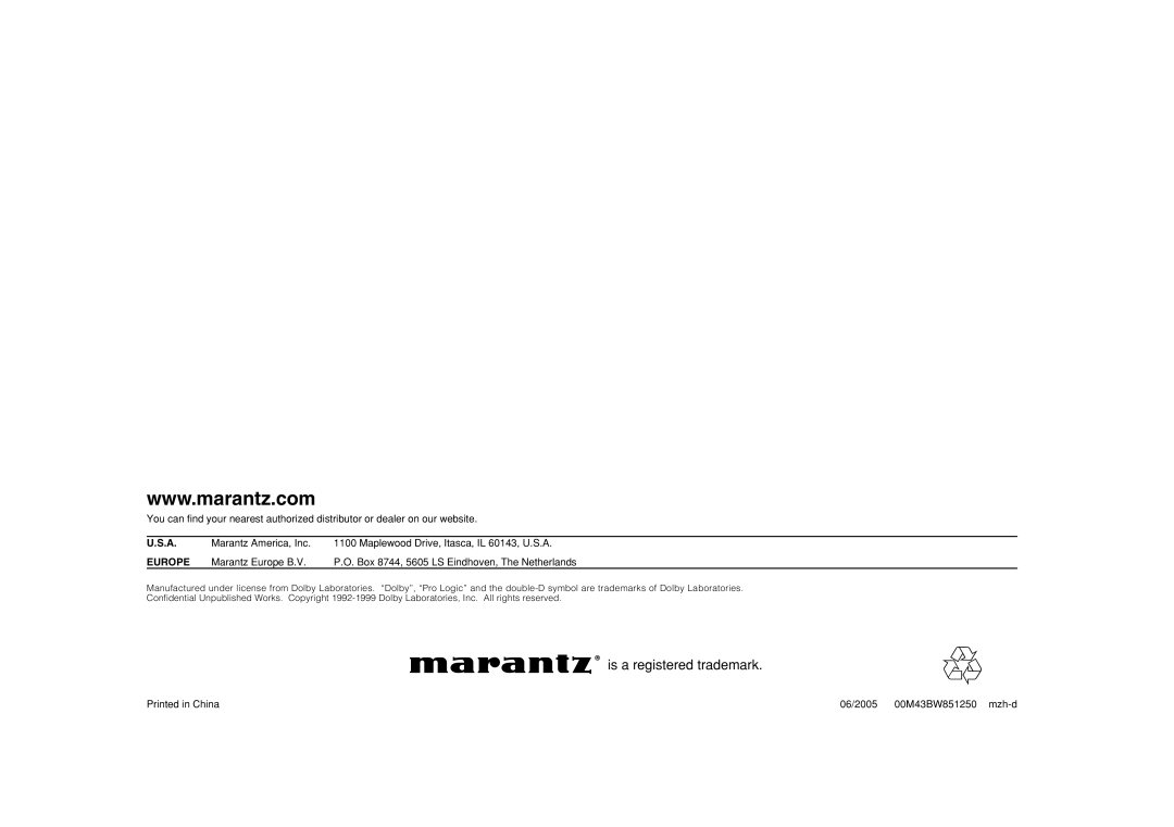 Marantz SR5600 manual is a registered trademark, U.S.A, Europe 