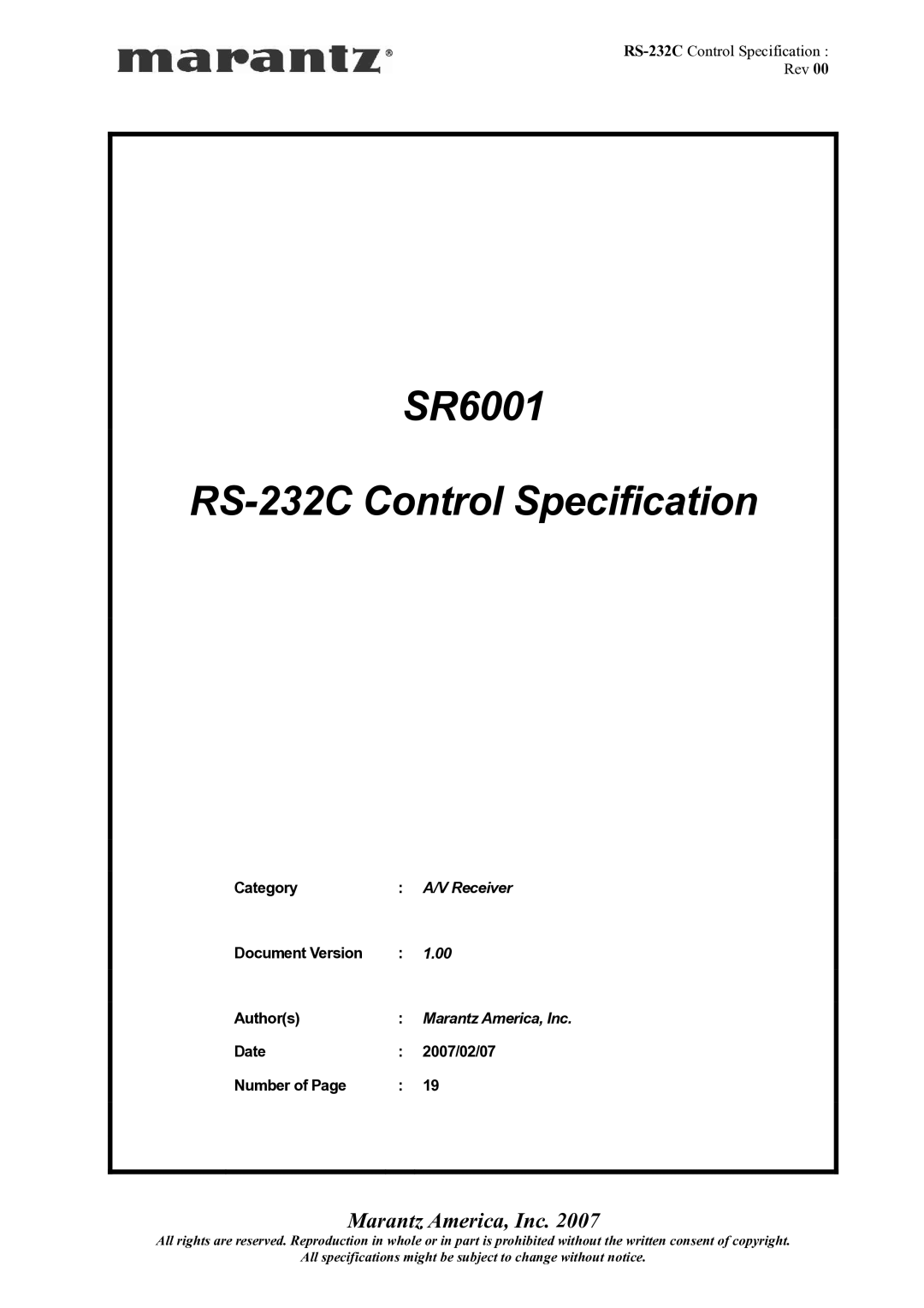 Marantz SR6001 specifications Category, Document Version Authors, Date 2007/02/07 Number 