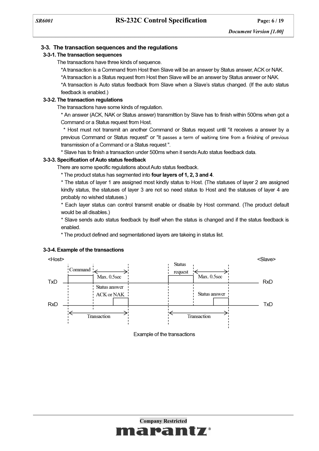 Marantz SR6001 Transaction sequences and the regulations, Transaction regulations, Specification of Auto status feedback 