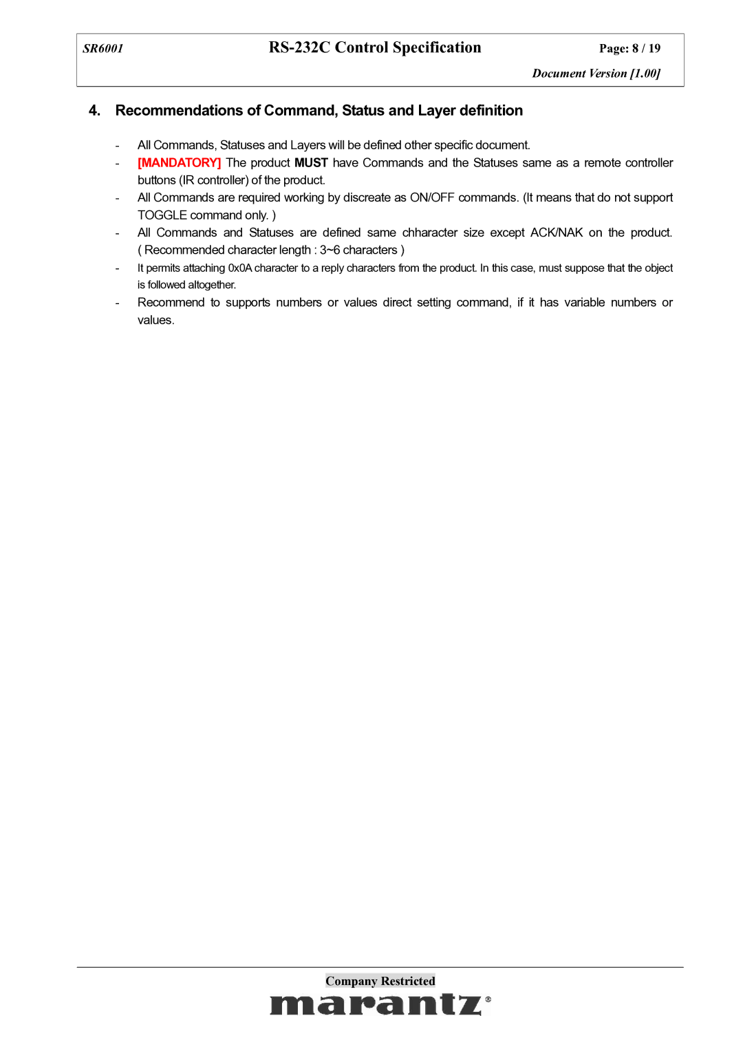 Marantz SR6001 specifications Recommendations of Command, Status and Layer definition 