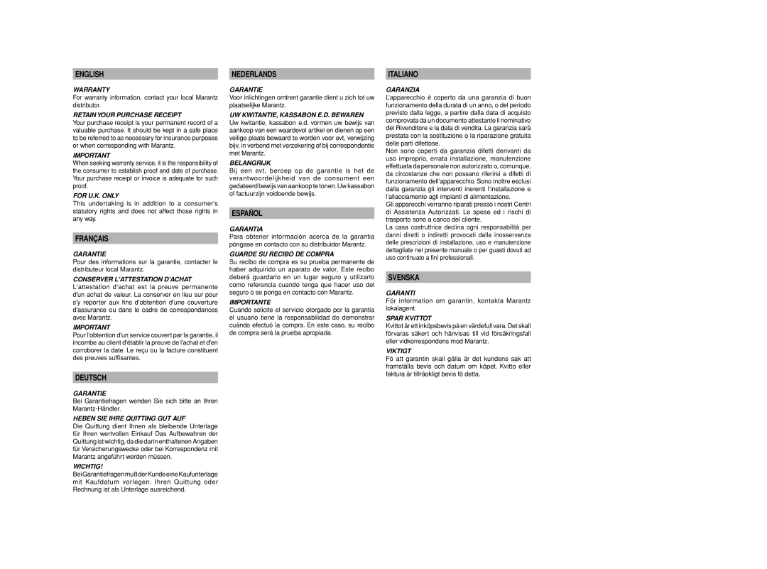 Marantz SR6001 manual English, Français, Deutsch, Nederlands, Español, Italiano, Svenska 