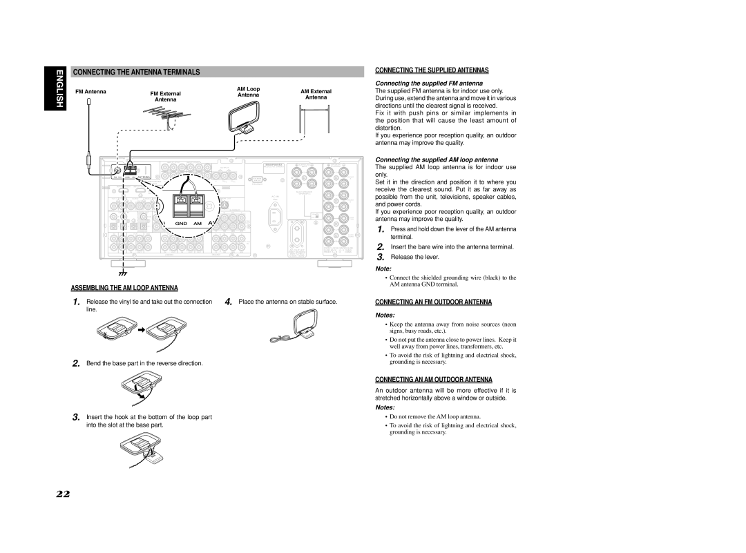 Marantz SR6001 manual Connecting the Antenna Terminals, Assembling the AM Loop Antenna, Connecting the Supplied Antennas 