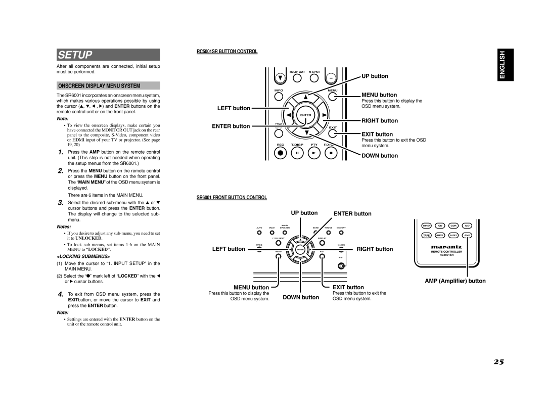 Marantz Setup, Onscreen Display Menu System, RC5001SR Button Control, SR6001 Front Button Control, Locking Submenus 