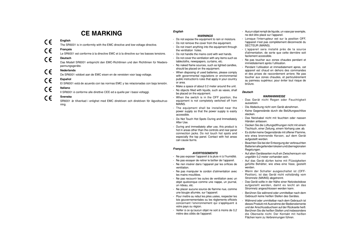 Marantz SR6001 manual English, Français, Avertissements, Deutsch, Warnhinweise 