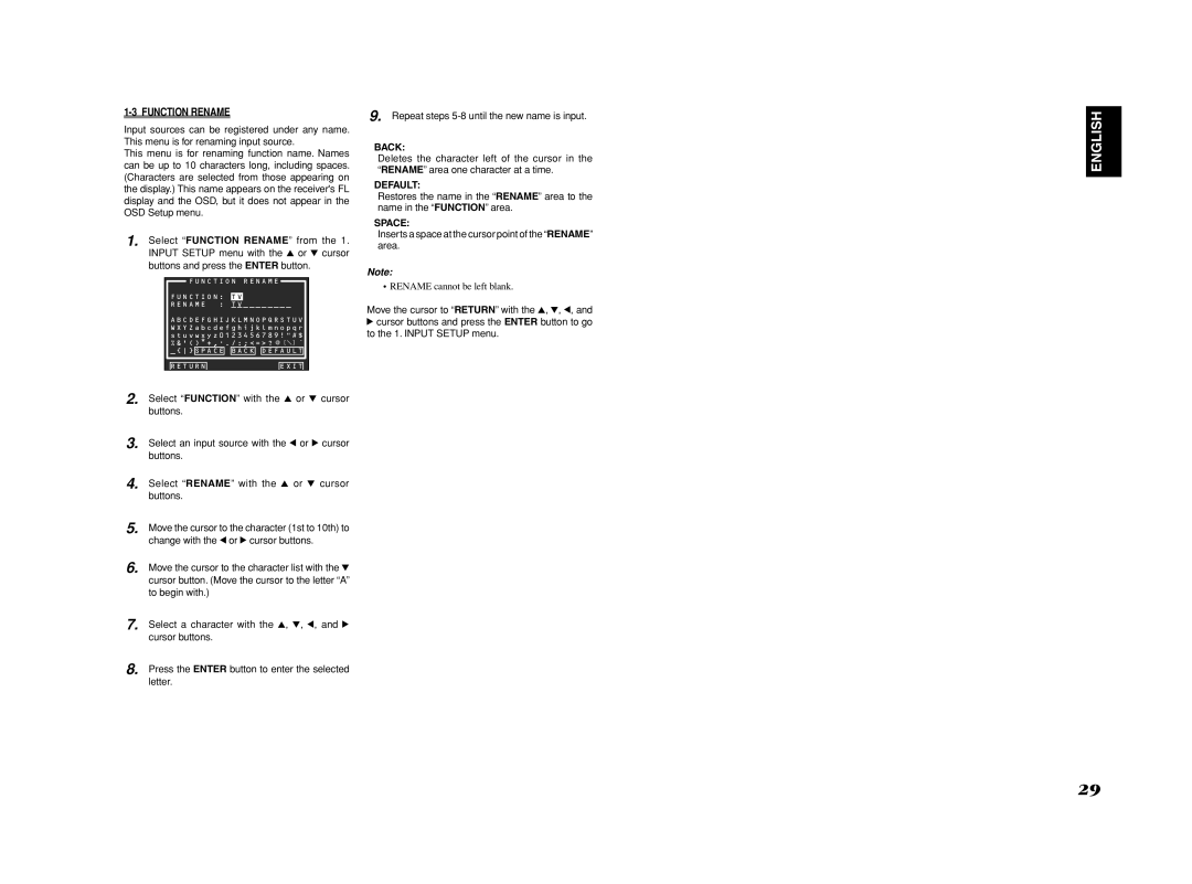 Marantz SR6001 manual Function Rename, Back, Default, Space, Inserts a space at the cursor point of the Rename area 