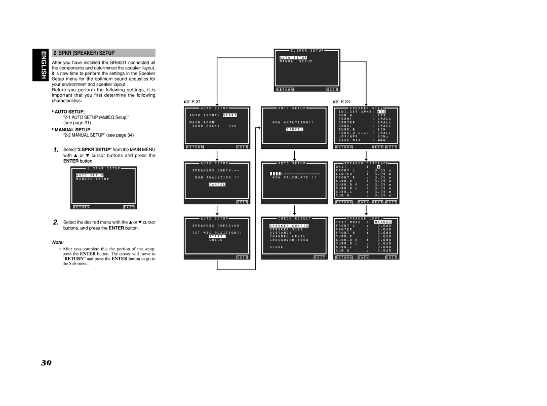 Marantz SR6001 manual Spkr Speaker Setup, Auto Setup MultEQ Setup see, Manual Setup, Enter button 