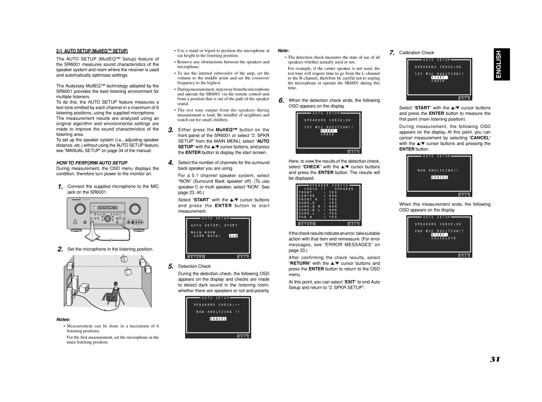 Marantz SR6001 manual HOW to Perform Auto Setup, Detection Check 