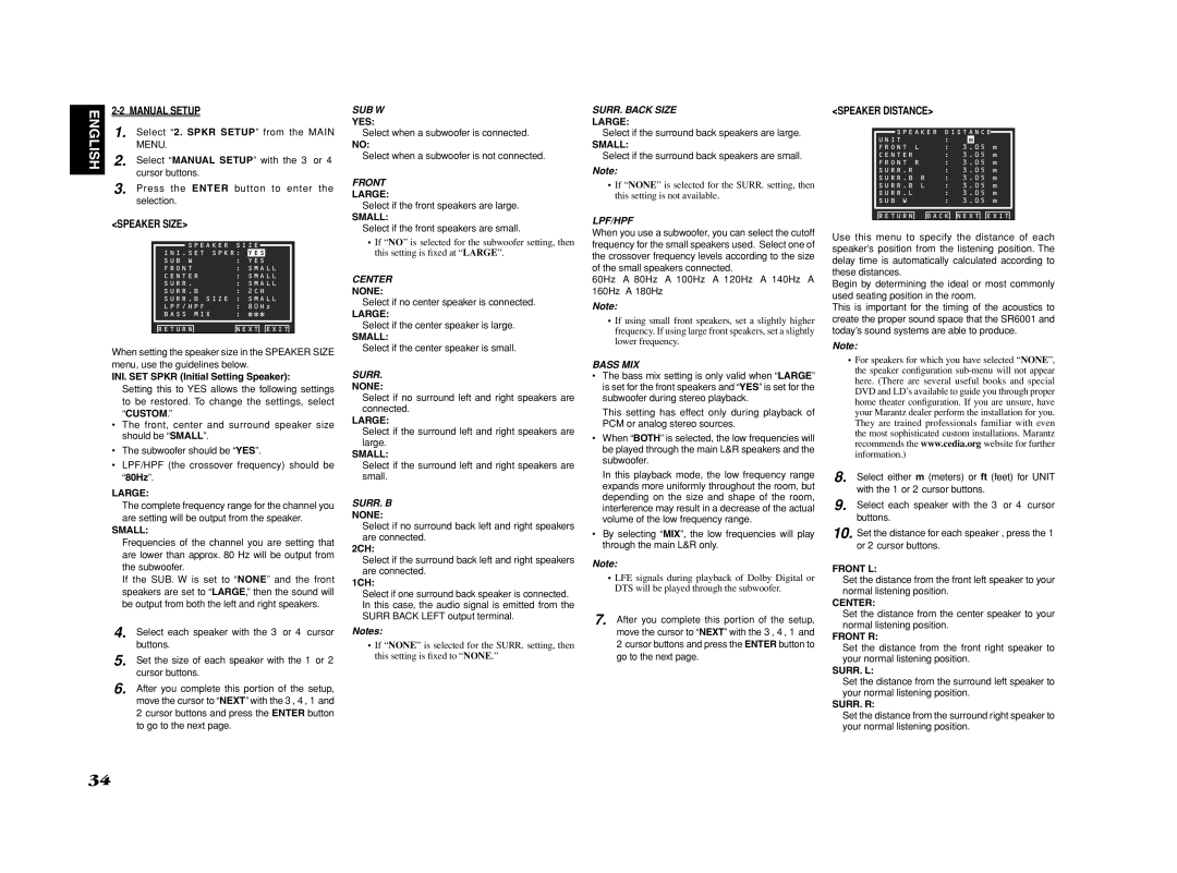 Marantz SR6001 manual Manual Setup, Speaker Size, Speaker Distance 