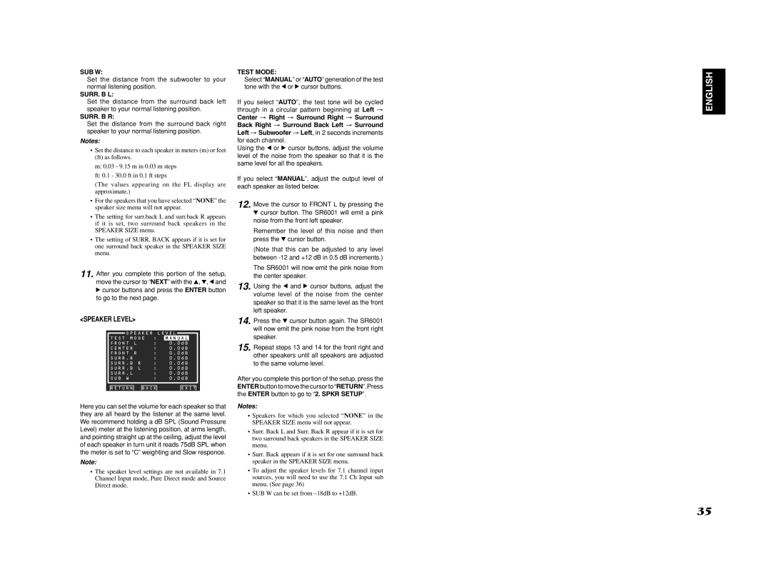 Marantz SR6001 manual Speaker Level, Sub W, Surr. B L, Surr. B R, Test Mode 