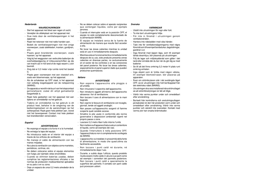 Marantz SR6001 manual Waarschuwingen, Advertencias, Avvertenze, Varningar 