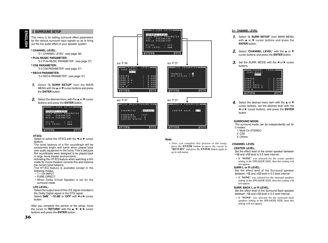 Marantz SR6001 manual Surround Setup, Channel Level 