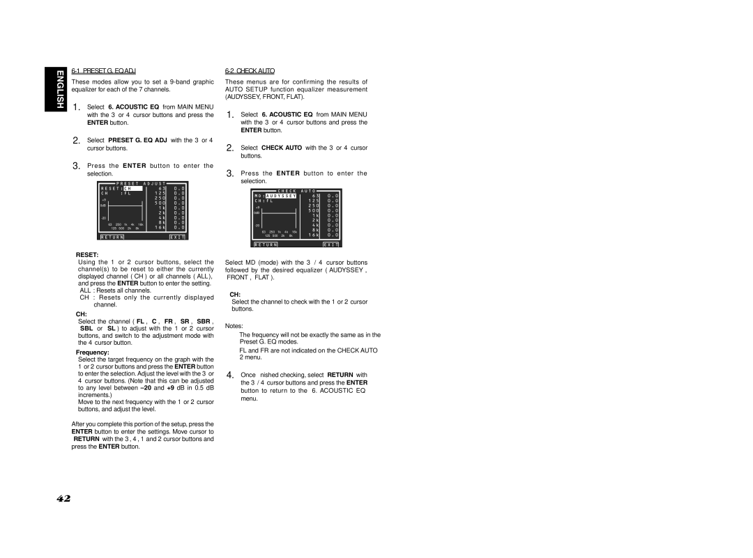 Marantz SR6001 manual Preset G. EQ ADJ, Check Auto, Reset, Frequency 