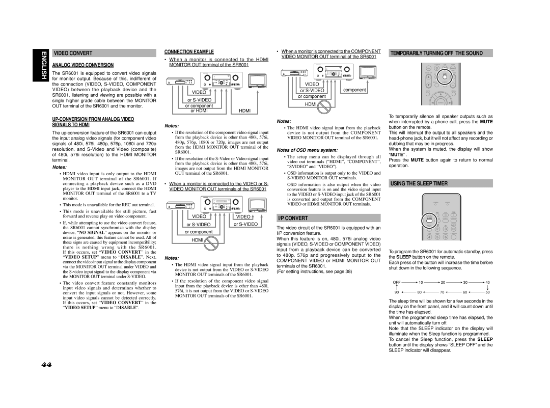 Marantz SR6001 manual Video Convert, Temporarily Turning OFF the Sound, Using the Sleep Timer 