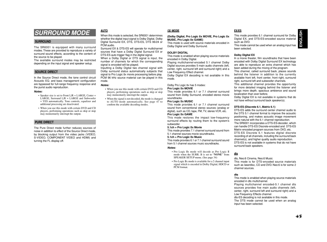 Marantz SR6001 manual Surround Mode, Source Direct, Pure Direct 