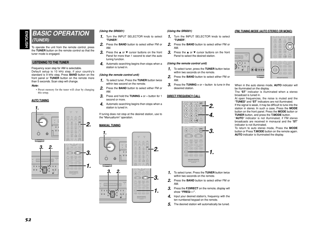 Marantz SR6001 manual Listening to the Tuner, Auto Tuning, Manual Tuning Direct Frequency Call 