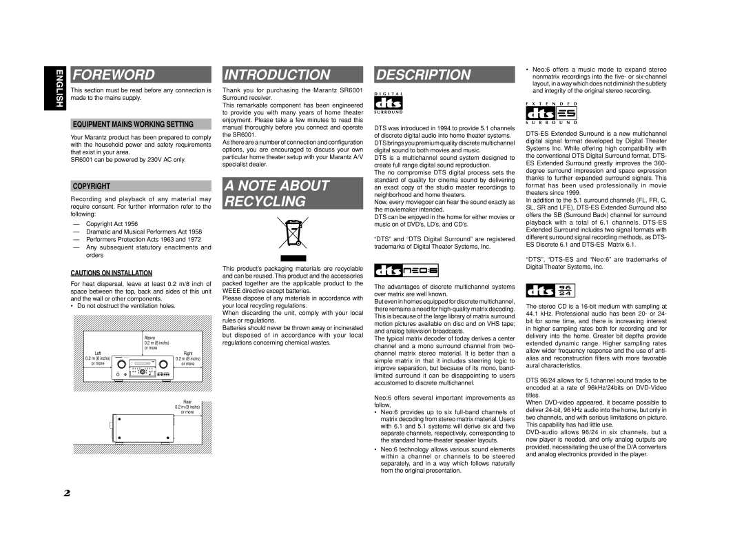 Marantz SR6001 manual Foreword, Introduction, Description, Recycling 