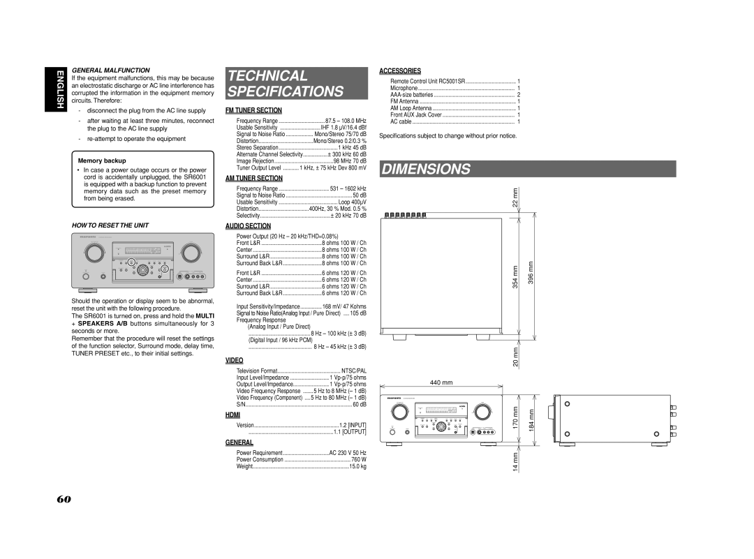 Marantz SR6001 manual Technical Specifications, Dimensions 