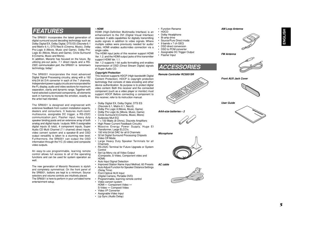 Marantz SR6001 manual Features, Accessories, Hdmi 