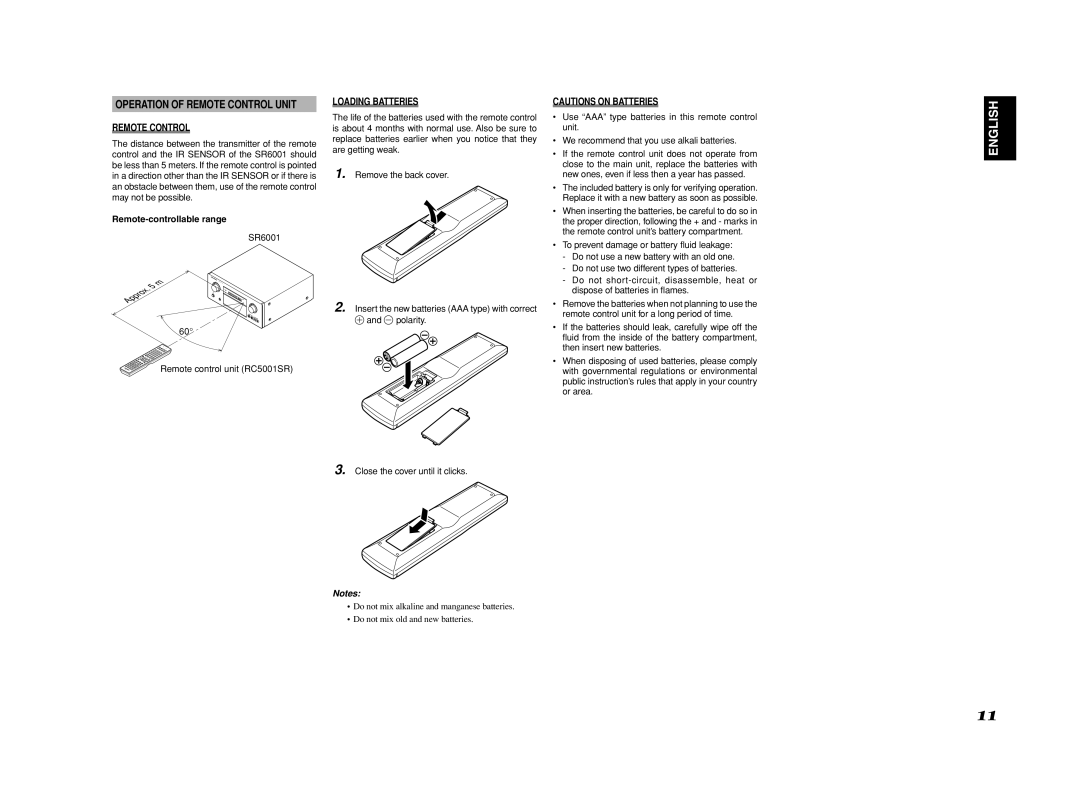 Marantz SR6001 manual Operation of Remote Control Unit, Loading Batteries, Remote-controllable range 