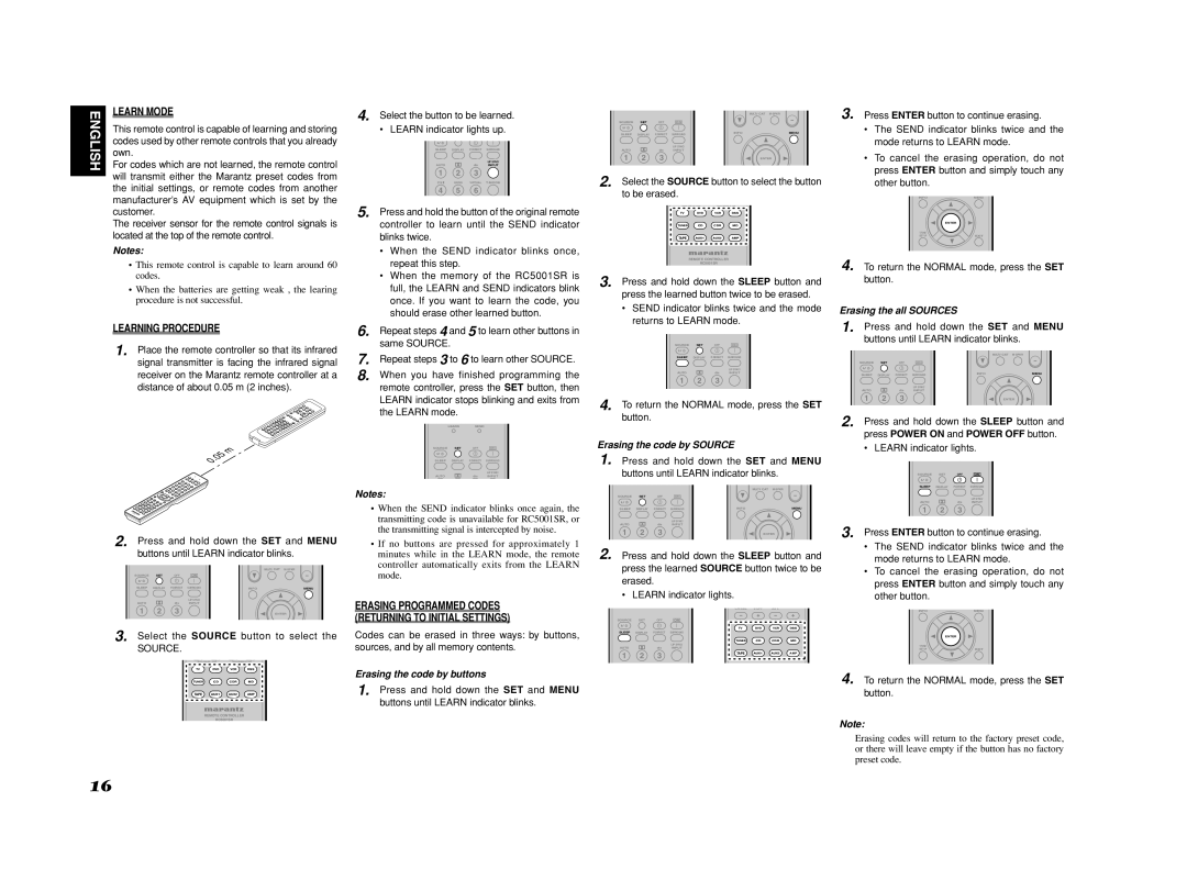 Marantz SR6001 manual Learn Mode, Learning Procedure, Erasing Programmed Codes Returning to Initial Settings 