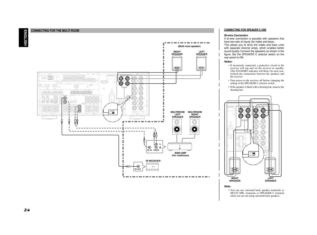 Marantz SR6001 manual Connecting for the Multi Room, Connecting for Speaker C USE, Bi-wire Connection 