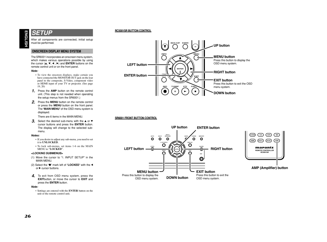 Marantz manual Setup, Onscreen Display Menu System, RC5001SR Button Control, SR6001 Front Button Control 