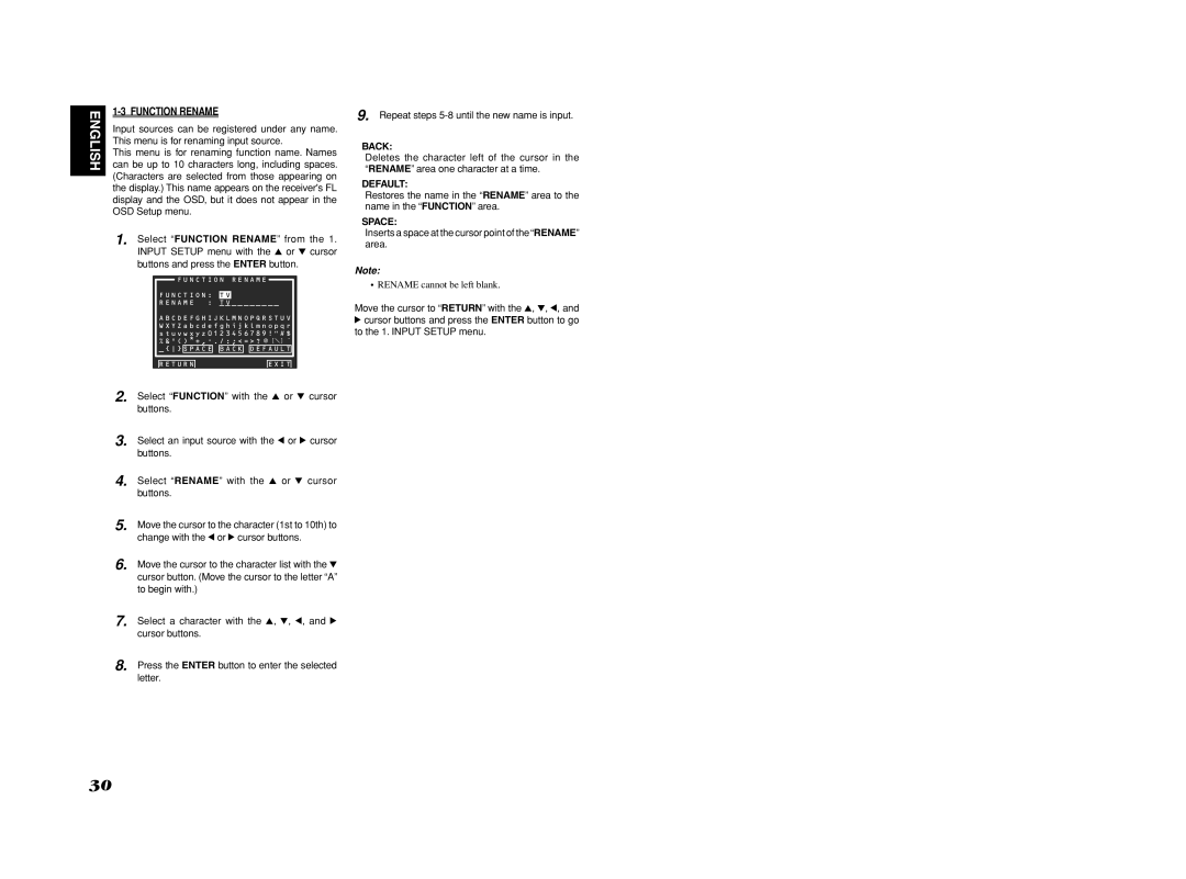 Marantz SR6001 manual Function Rename, Back, Default, Space, Inserts a space at the cursor point of the Rename area 