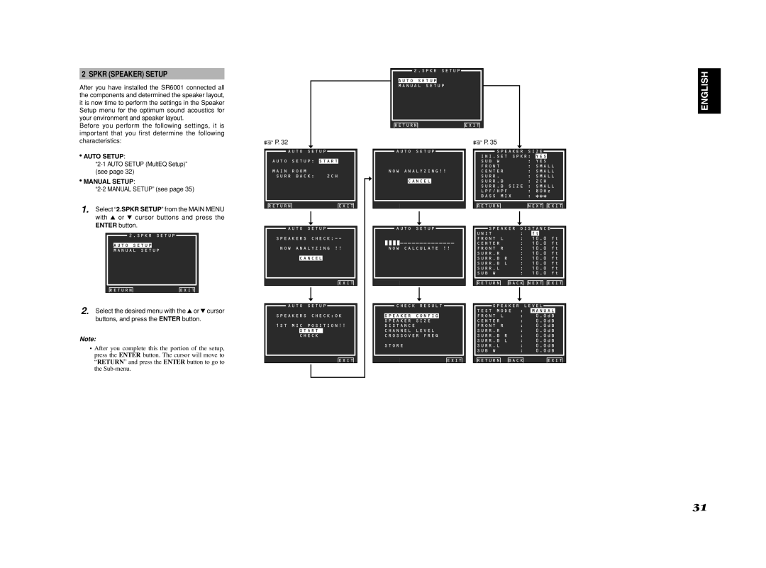 Marantz SR6001 manual Spkr Speaker Setup, Auto Setup MultEQ Setup see, Manual Setup, Enter button 